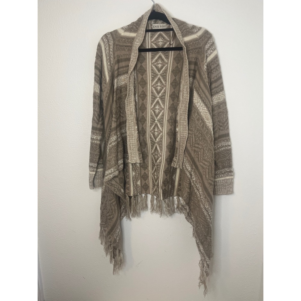 Knox Rose Aztec Cardigan Duster Open Front Fringe Trim Tan Cream Large